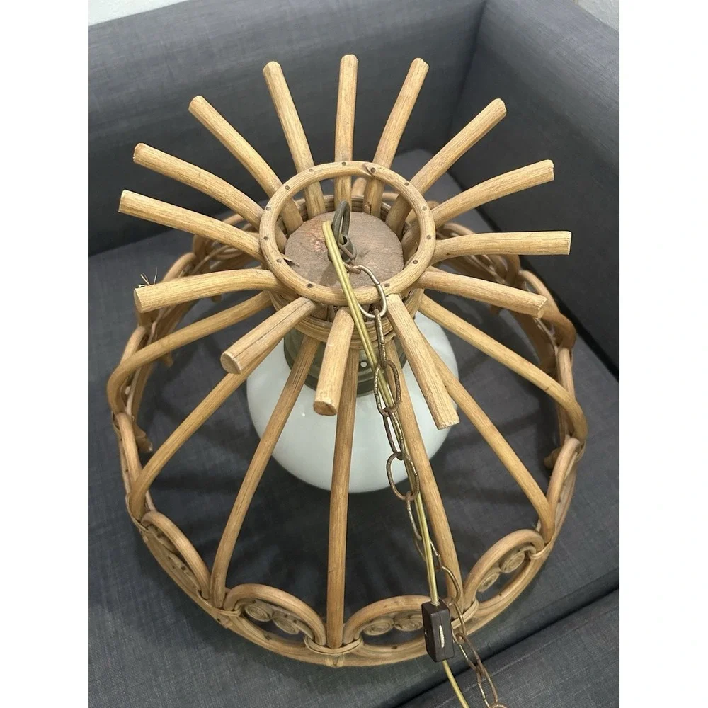 Vintage Rattan Bamboo Wicker Pendant Light Boho Hanging Ceiling Lamp MCM WORKS!